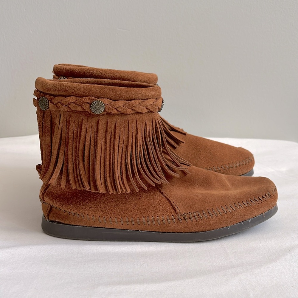 Minnetonka fringe ankle boot moccasins with stud detail